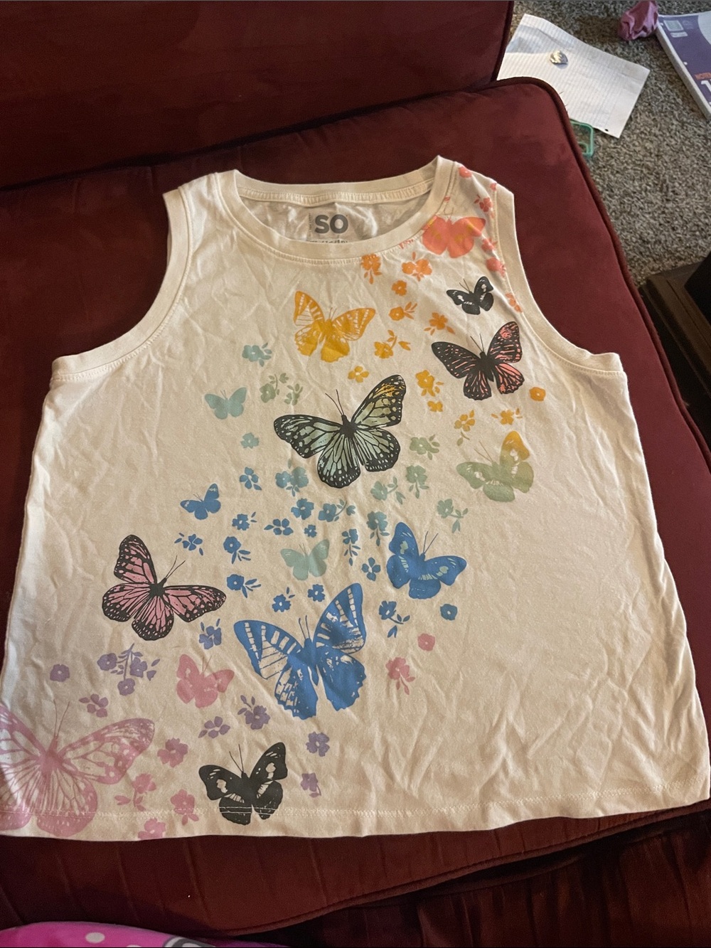 SO White Tank Top with Rainbow Butterfly Print